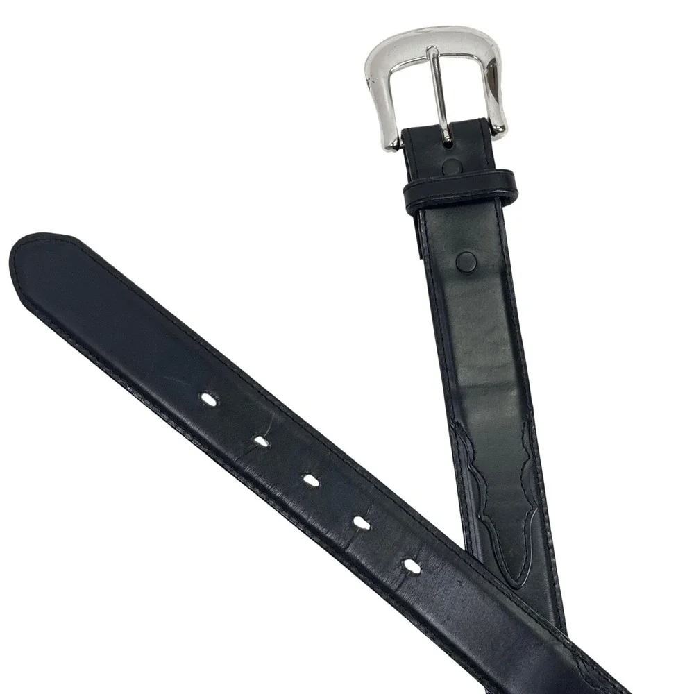 Vintage Tony Lama Leather Western Belt Mens 42 Black Stitch Detail Silver Buckle